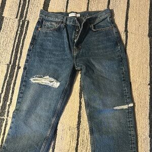 Topshop Blue Straight Leg Jeans with Distressed Details
